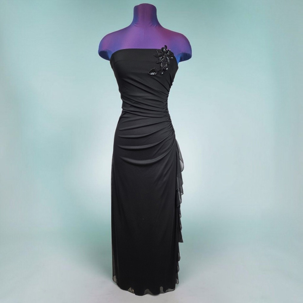 City Triangles Black Strapless Ruched Maxi Dress Beaded Floral Gown Small Y2K